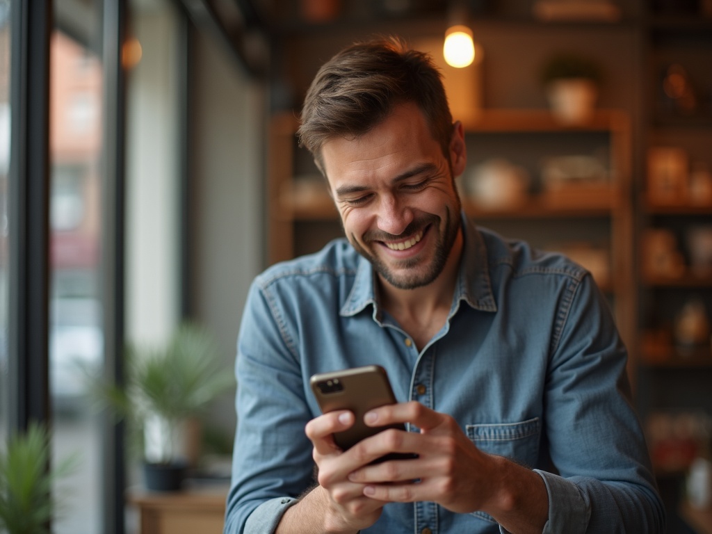 Empresário a ver o seu novo site no telemóvel